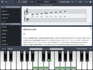 iPad view of Altered Scale with Wikipedia, notation, and keyboard showing.